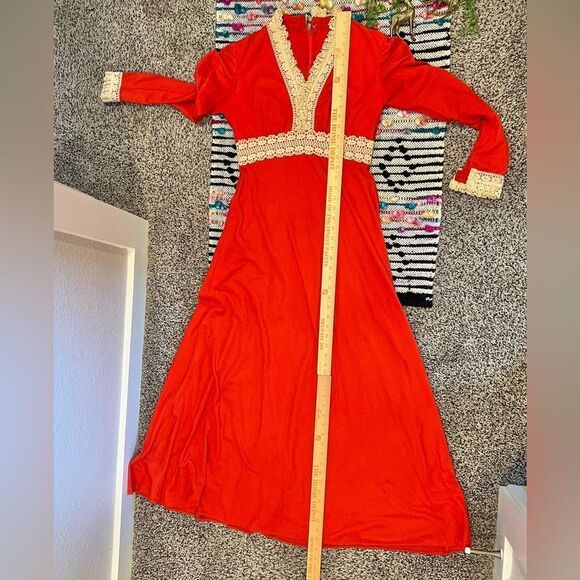 Vintage 60s 70s Gunne Sax Style Red Cream Crochet Peasant Hippie Maxi Dress - Picture 12 of 16